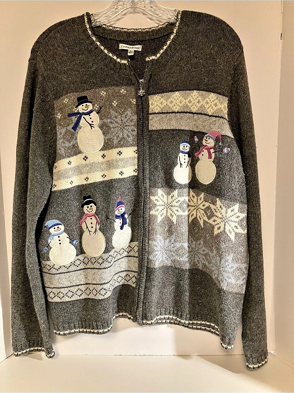 Croft & Barrow Snowman Winter Landscape Full Zip Cardigan Sweater Gray & White